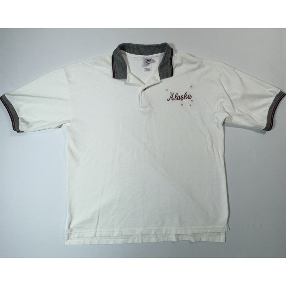 Vintage Delta Alaska Polo Shirt 2XL White Embroidered Stars Big Logo Y2K USA bb